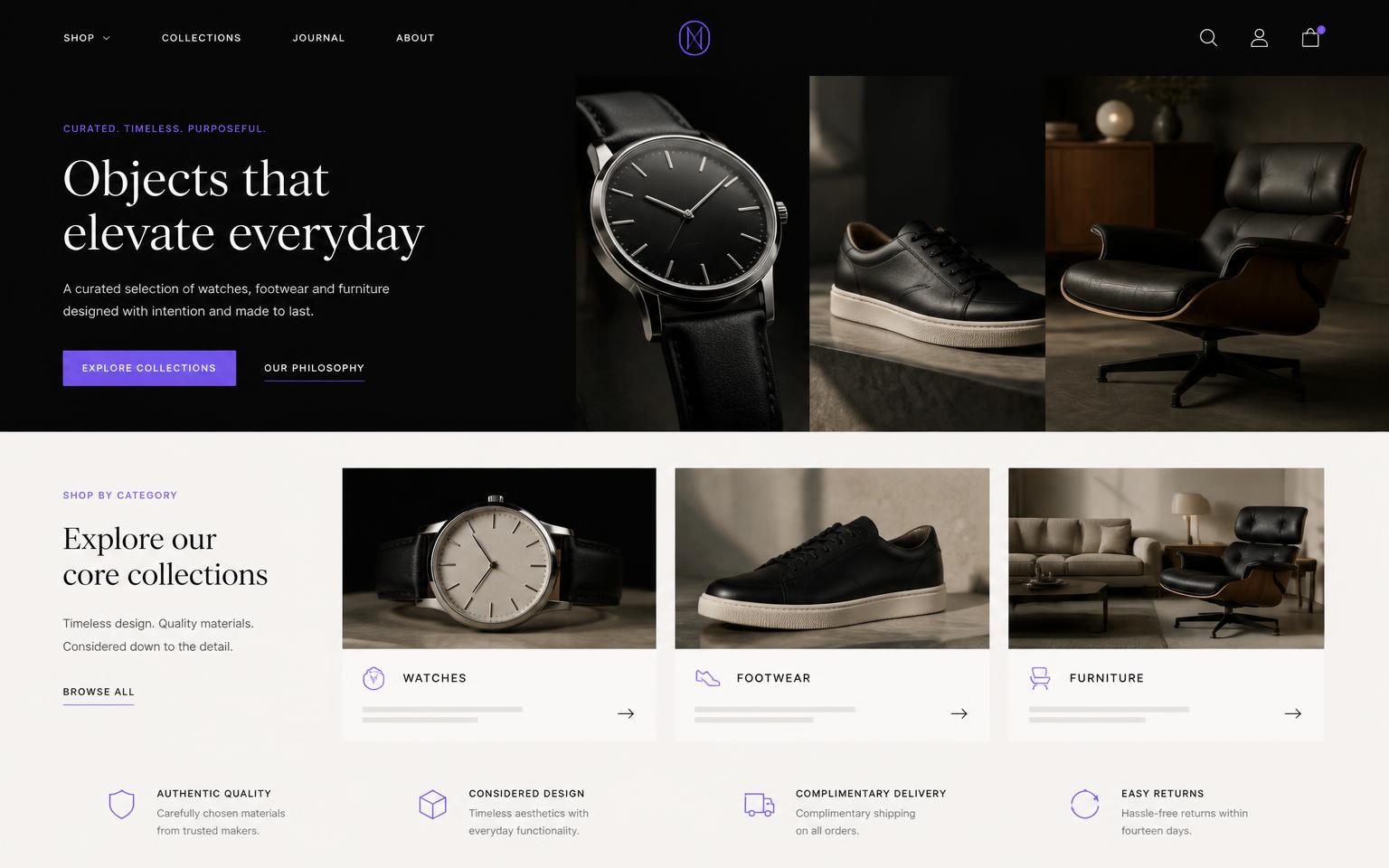 Vertex Commerce online store concept featuring watches, shoes and furniture
